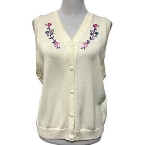 Vintage 80s Women’s Sweater Vest Cream Ivory Button Front V-Neck Merville Sz M